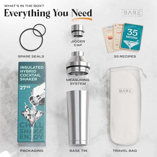 BARE BARREL Insulated Cocktail Shaker Set | Double Wall Stainless Steel | Martini Shaker for Home Bar Bartending | Built-in Drink Measure System & Strainer, Travel Bag, Recipes | Gift Set (Silver) 6