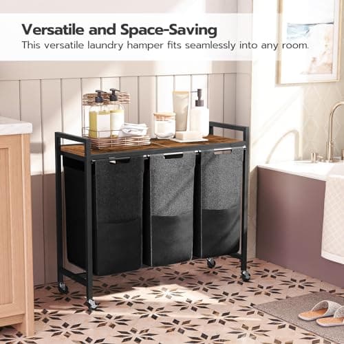 HOOBRO Laundry Sorter 3 Section, Laundry Hamper with Wheels, 3 × 11.5 Gal (43.5 L), Rolling Laundry Basket, Pull-Out and Removable Oxford Fabric Laundry Bags, Rustic Brown and Black BF76XY01 5