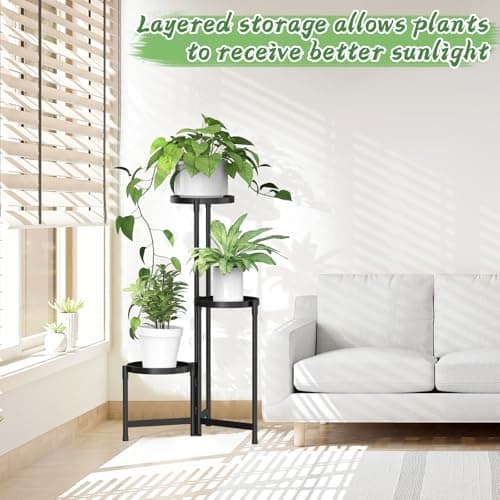 MOKANI Metal Plant Stand Indoor Outdoor for Multiple Plants, 3 Tiered Folding Corner Shelf Tall Flower Pot Holder Display Rack for Patio Living Room Balcony Garden, Black 6