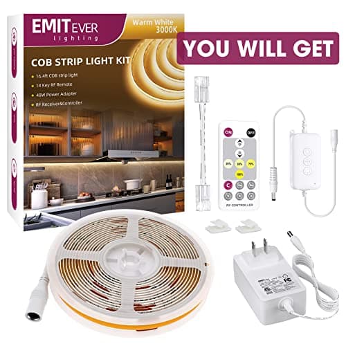 EMITEVER LED Strip Light Warm White 3000K 16.4ft,24V DC COB Dimmable Tape Lights with RF Controller,Premium High Density Power Adapter,1600LEDs Suitable for Bedroom,Kitchen Cabinets,Indoor Use 9