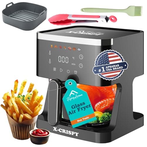 APSARAS USA Air Fryer Glass, 5.2QT Convection Oven Glass Air Fryer Non Toxic, Transparent Fry Bowl | Cook Shrimp, Steak, Fries, Wings, Chicken & More | Precise Temperature Control & Time
