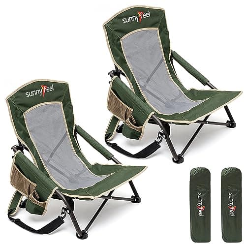 SunnyFeel Low Folding Beach Camping Chair 2 Pack, Portable Backpacking Chairs with Mesh Back,Cup Holder, Compact & Heavy Duty for Adults 300 LBS for Outdoor Picnic Fishing Concert Sand Lawn (2pcGreen)