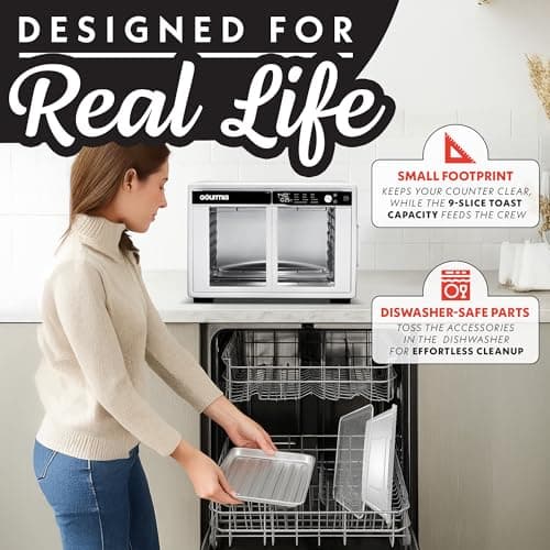 Gourmia French Door Air Fryer Oven - 37 Qt Large Capacity Convection Toaster Oven, FryForce 360°, Digital Display, 12 Cooking Presets, Dehydrate, Fits 13” Pizza, Dishwasher-Safe, White 7