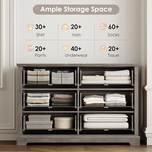 HOSTACK 6 Drawer Dresser for Bedroom, Modern Farmhouse Chest of Drawers, 47.2" Wide Wood Double Dresser, Rustic Brown Storage Cabinet for Living Room, Entryway, Hallway, Ash Grey 5