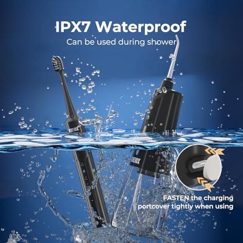 KUEIOX Electric Toothbrush with Water Cordless Flosser, 320ML Portable Travel Water Dental Flosser for Teeth with 5 Modes & 6 Jet Tips & IPX7 Waterproof for Teeth Cleaning and flossing (Black) 7