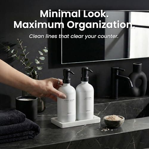 MaisoNovo Bathroom Soap Dispenser Set - Soap and Lotion Dispenser Set with White Soap Dispenser, Black Pumps & Concrete Tray 9