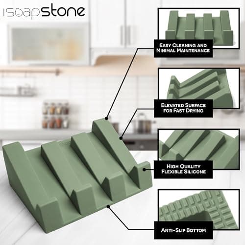iSoapStone Silicone Soap Dish (USA Patented) Self Draining Bar Soap Holder for Shower Bathroom Sink, Drying Soap Dish Tray Kitchen Sponge Holder Easy Cleaning Soap Saver Mat (Eco Green, 1) 5