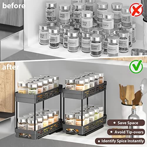 2 Pack Pull Out Spice Rack Organizer for Cabinet, Slide Out Spice Racks Organizer, Spice Cabinet Organizers, Cabinet Size Need:12'' Highx11'' Deepx5'' Wide,Hold 10 Spice Jar Each Tier-2Tier, Black 6