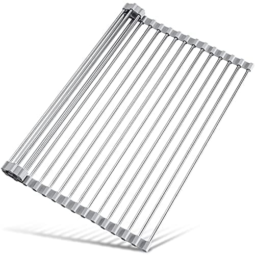 Tomorotec 17.7" x 15.5" Roll Up Dish Drying Rack Over Sink Drying Rack Sink Cover Kitchen Sink Accessories Gadget Multipurpose Organizer Foldable Stainless Steel Drainer (Grey)