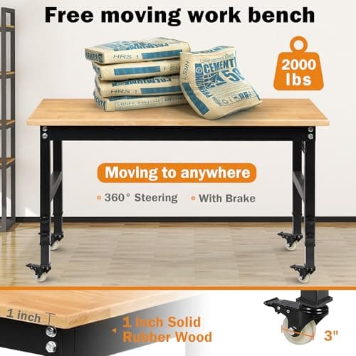 Betterhood 60" Adjustable Workbench on Wheels, Rubber Wood Heavy Duty Workstation with Power Outlets & Pegboard, 2000LBS Load Capacity Hardwood Worktable for Workshop, Garage, Office, Home, Commercial 5