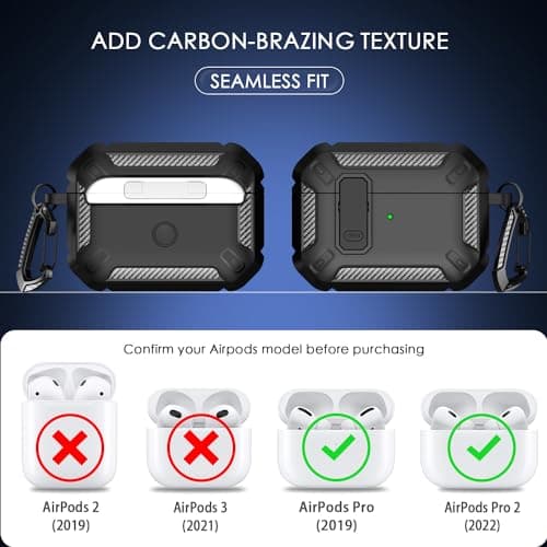 RFUNGUANGO for AirPods Pro Case Cover with Cleaner Kit, Military Hard Shell Protective Armor with Lock for AirPod Pro Charging Case, Front LED Visible,Black 6
