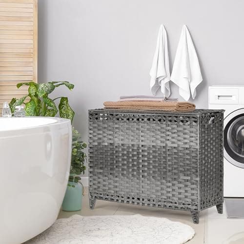 Laundry Hamper with 4 Removable Liner Bags; 176L Handwoven Rattan Laundry Basket with Lid & Heightened Feet; Clothes Hamper with Side Handles(Gray) 8