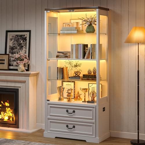 TAGELIER 67" Tall Display Cabinet with Glass Doors and 2 Drawers, Adjustable Glass Height Bookcase, Curio Cabinet with 3 LED Lights and Human Body Sensor (White)