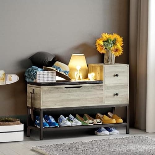IRONCK Entryway Bench, Shoe Storage Bench with Flip Top Box and 2 Drawers, Shoe Rack with Removable Seat Cushion and Shoehorn for Entryway/Hallway(39.4in, Greige) 6