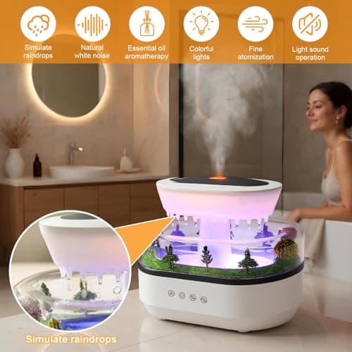 Cloud Rain Humidifier Water Drip, 7 Colors Rainfall Humidifier with Rain Sounds, 250ml Raindrop Essential Oil Aromatherapy Diffuser for Bedroom, Office, Silent Rain Lamp, Timing, Auto-Off 5