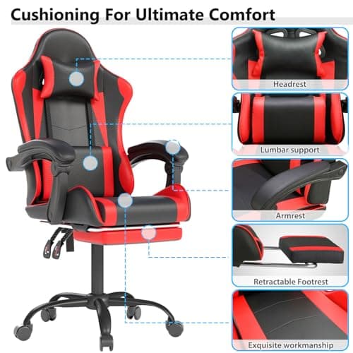 OS MOTOR Gaming Chair with Headrest and Lumbar Support, Ergonomic High Back Office Chair, Racing Style Executive Computer Desk Chair, Leather Adjustable Swivel Task Chair for Home Office (Red Black) 5