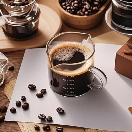 FUNGLIJIE Espresso Cups Set of 2, 75ML Espresso Shot Glass with Handle Double Spout Cups Clear Glass Measuring Cup Coffee Accessories Great for Making Coffee Desserts Salad Dressing 7