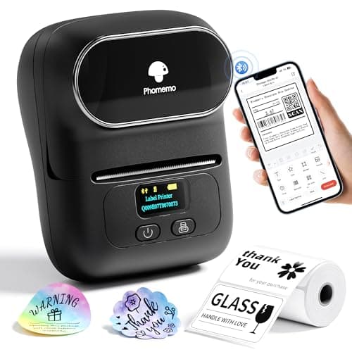 Phomemo M110 Label Makers - Barcode Label Printer Bluetooth Label Maker Portable Thermal Printer for Small Business, Address, Barcode, Logo, Clothing, Mailing, Sticker Printers for Phone & PC, Black