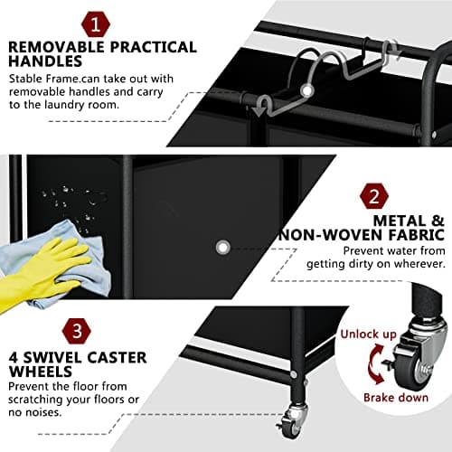 SUOERNUO Laundry Hamper Basket 2 Bag Laundry Sorter Cart with Rolling Lockable Wheels and Removable Bags Laundry Organizer Cart for Clothes Storage, Black 6