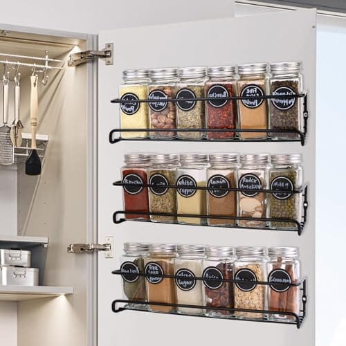 PNHYTUGY Spice Rack Wall Mount, 4 Pack Hanging Spice Rack with 24 Spice Jars, 180 Spice Labels, Whiteboard Marker & Funnel, Screw or Adhesive Spice Rack Organizer for Cabinet.Wall.Metal 6
