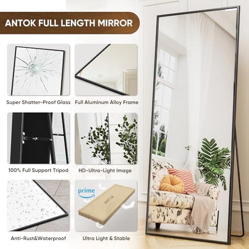Antok Full Length Mirror, 71"x28" Floor Mirror with Stand, Hanging Mounted Mirrors for Bedroom, Living Room, Cloakroom, Dining Room, Black, Rect 8