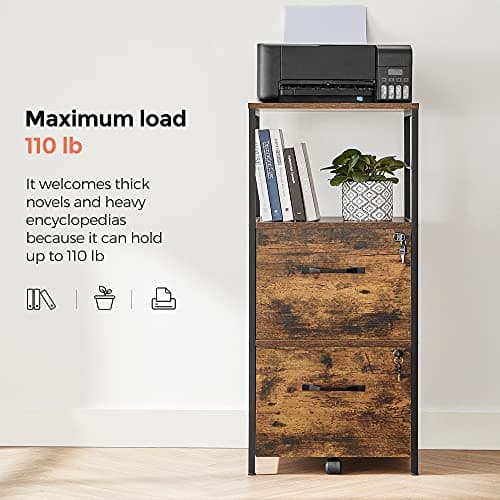 VASAGLE File Cabinet for Home Office, 2-Drawer Filing Cabinet with Lock, Open Shelf, Printer Stand, for A4 and Letter Sized Files, Adjustable Feet, Industrial, Rustic Brown and Ink Black UOFC045B01 8