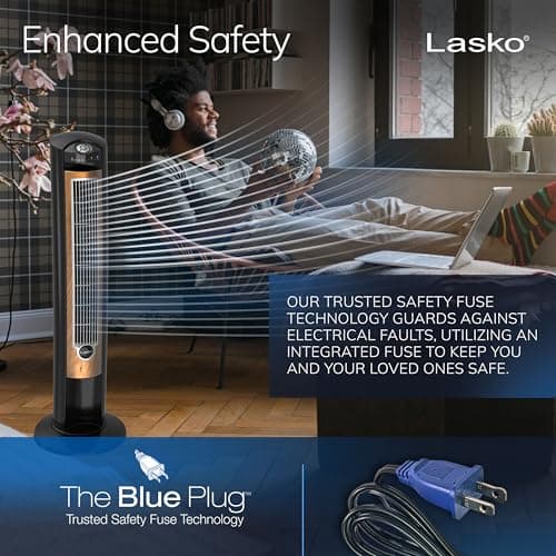 Lasko Oscillating Tower Fan, Remote Control, Ionizer, 3 Speeds, Timer, for Bedroom, Office, Kitchen 42", Black, T42950 6