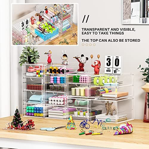 caktraie Makeup Organizer Storage with 16 Drawers, 4 Pcs Desktop Office Supplies, Desk Organizers, Clear Accessories, Dustproof Storage Drawer and for Make Up, Jewelry, Pen, Stationary 6