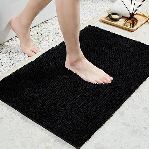 TECHMILLY 32" x 20" Soft Fluffy Chenille Large Bathroom Rugs, Non Slip Absorbent Bath Mats for Bathroom, Washable and Quick Dry, Black, 32" x 20"