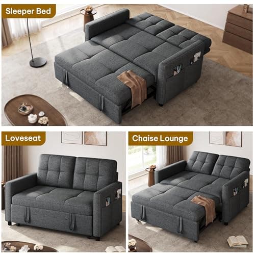 YITAHOME 55" Convertible Sofa Bed, 3-in-1 Sleeper Sofa with Iron Frame Pull-Out Bed, Linen Futon Couch with Reclining Backrest and Side Pocket, Modern Loveseat for Living Room Bedroom Apartment, Grey 5