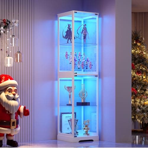 WEQUB Glass Display Cabinet with Doors, 65" Tall 4-Tier Curio Display Case with 3 Color Lights and Human Body Sensor, Bookcase for Collectibles, White