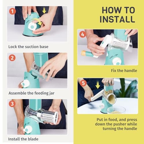 X Home Rotary Cheese Grater for Kitchen, Shredder with 3 Interchangeable Blades, Rotary Grater with Handle and Strong Suction Base, for Vegetables, Fruit, Nuts, Easy to Use and Clean, Blue 8