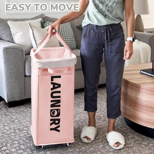 CHICVITA Slim Laundry Hamper with Wheels 75L, Collapsible Rolling Laundry Basket for Living Room, Pink Laundry Hamper for College Dorm 6