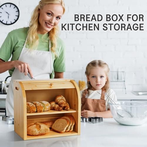 Merysen 2 Tier Bamboo Bread Box for Kitchen Countertop–Bread Storage Holder, Large Capacity Bread Storage Container, with Removable Layer for Home Storage and Display (Self-assembly) 6