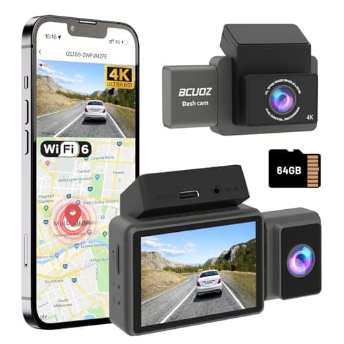 BCUOZ GS300 4K 3 Channel Dash Cam Front/Rear/Inside - WiFi 6 5GHz, Full Night Color, Voice Control, 2.0" IPS Touchscreen, Parking Mode, G-Sensor, 64GB Card Included (Supports 256GB)