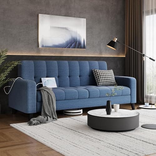 Yaheetech 2-Seater Fabric Sofa Loveseat with USB Ports Mid-Century Modern 65″ W Couch Sofa with Solid Wood Legs for Living Room Apartment Bedroom Office Blue
