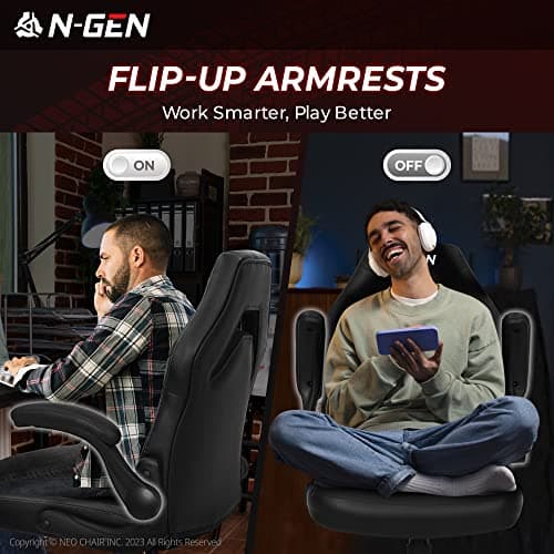 N-GEN Video Gaming Chair Ergonomic Computer Desk Office Chair with Lumbar Support Adjustable Height Swivel Wheels Flip-Up Arms PU Leather Home and Office (Black) 6