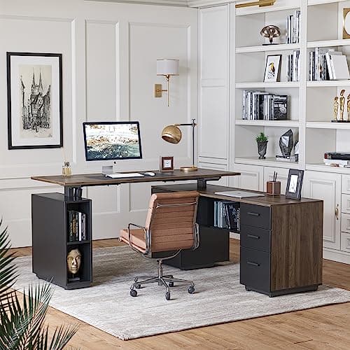 FEZIBO L Shaped Standing Desk, 63 inch Executive Standing Desk, Adjustable Height Desk with Storage Drawers for Home Office, Deep Wood Grainy 5