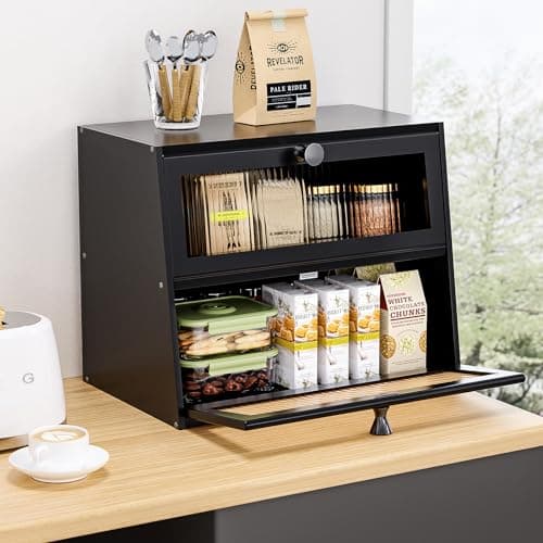 JUATPNIY Bread Box for Kitchen Countertop,Extra Large 2 Layer Breadbox Wooden Farmhouse Bread Storage Container Bread Bin Bread Holder Food Organizer Pantry Shelf Acrylic Window(Black) 7