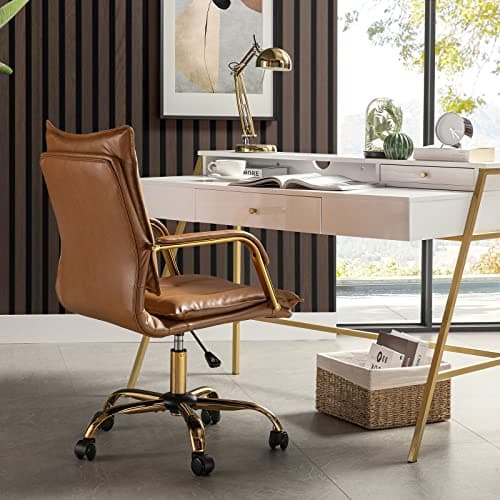 HULALA HOME Faux Leather Home Office Desk Chair, Adjustable Swivel Computer Chair with Golden Legs and Arms, Comfy Upholstered Task Chair,Camel 9