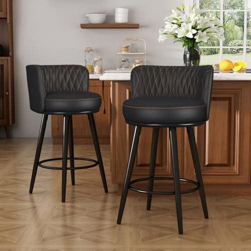 HONIFUR Bar Stools Set of 2, 27 Inch Barstools with Sturdy Legs, Leather Farmhouse Counter Height Bar Stool for Kitchen, Dining, Bar (Swivel, Black, Leather)