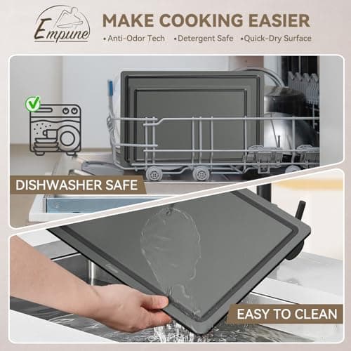 Empune Plastic Cutting Board Set, Recycled Plastic Cutting Boards for Kitchen (Set of 3), Dishwasher Safe Large Chopping Board with Holder, Non-slip Feet and Juice Grooves, Nonporous, Grey 8