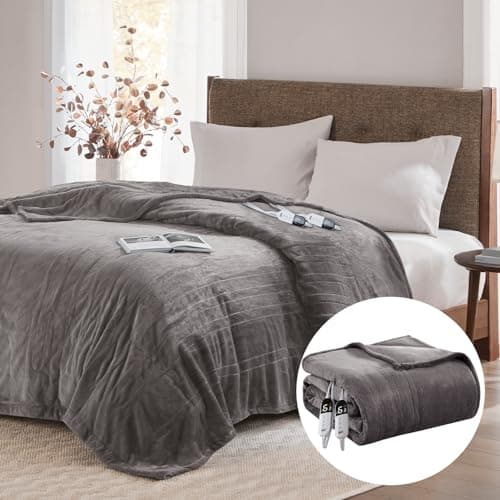 Degrees of Comfort Electric Blanket Queen Size, Fleece Heated Blankets with Dual Control | Auto Shut Off, 6 Heating Levels, Machine Washable, Grey, 84Wx90L