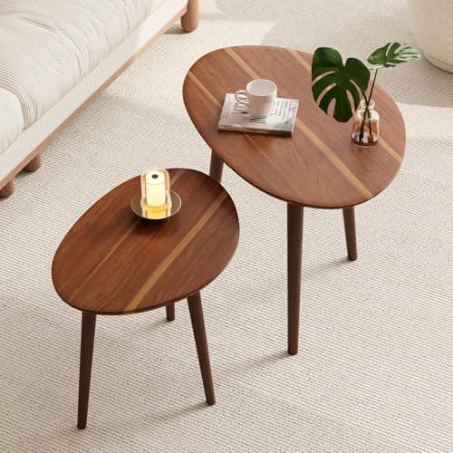 Semjar Small Oval Coffee Tables Set,Acacia Wood Nesting Tables（25.6"x17.7"+17.7"x13.4" for Living Room Small Spaces Office,Easy Assembly Wooden Minimalist Walnut Mid Century Modern Coffee Table
