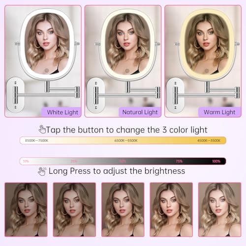 FUNTOUCH Wall Mounted Makeup Mirror,Rechargeable 7X/1X Double Sided Touch Switch Rectangle Oval Wall Mounted Magnifying Mirror with Light, 3 Color Setting,Extended Arm 360°Foldable, Nickel 5