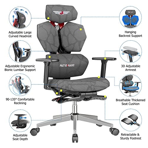 PatioMage Ergonomic Gaming Chair with Footrest Big and Tall Game Chair Reclining Gamer Chair with Adjustable Lumbar Support & 3D Armrests High Back Gaming Chairs for Adults 7