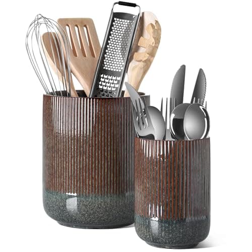 LE TAUCI Utensil Holder for Kitchen Counter, 7.3"+5.4" Fluted Ceramic Utensil Crock Organizer for Countertop, Heavy Large Holder for Spatulas, Spoons, Set of 2, Olive Brown Marble