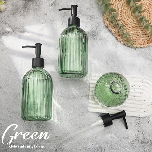 3 Pack Green Glass Soap Dispenser Set with Black Pump, 13.5oz Refillable Liquid Soap Dispenser, Premium Lotion & Dish Soap Bottle for Kitchen, Bathroom Vanity, Hotel Decor 2