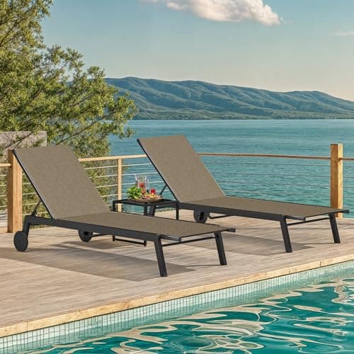 DWVO Outdoor Chaise Lounge Set, 2 Patio Chaise Lounge Chairs with Side Table, Textile Pool Loungers with 5-Level Backrest and Wheels for Beach, Lawn, Porch, Garden (Brown) 8