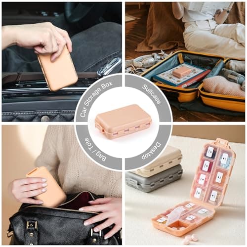 LANDNEOO 14 Grids Pill Organizer Box with Labels, Travel Medication Holder Dispenser Case Kit, Pocket Daily Pharmacy Container for Fish Oil Vitamin Supplement Storage, Khaki Pink Grey, 3 Pack 7